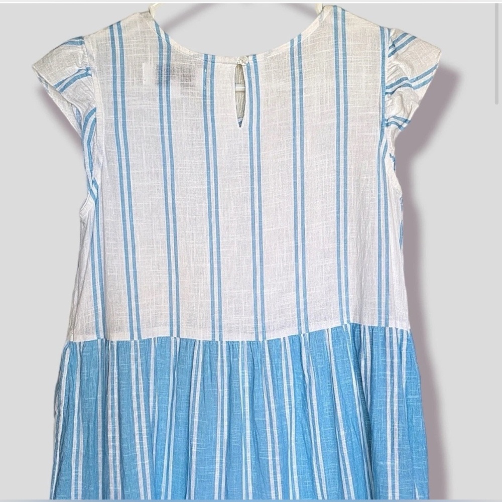 MARGAUX RIVIERA L Midi Stripe Tiered Cotton Dress Pockets Relaxed Blue White - Picture 3 of 7